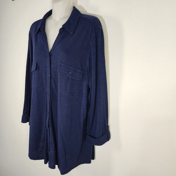 Chico's Womens Top Knit Button 3/4 Tab Sleeve Blue Pockets Collared Size 2 Large - Picture 5 of 10